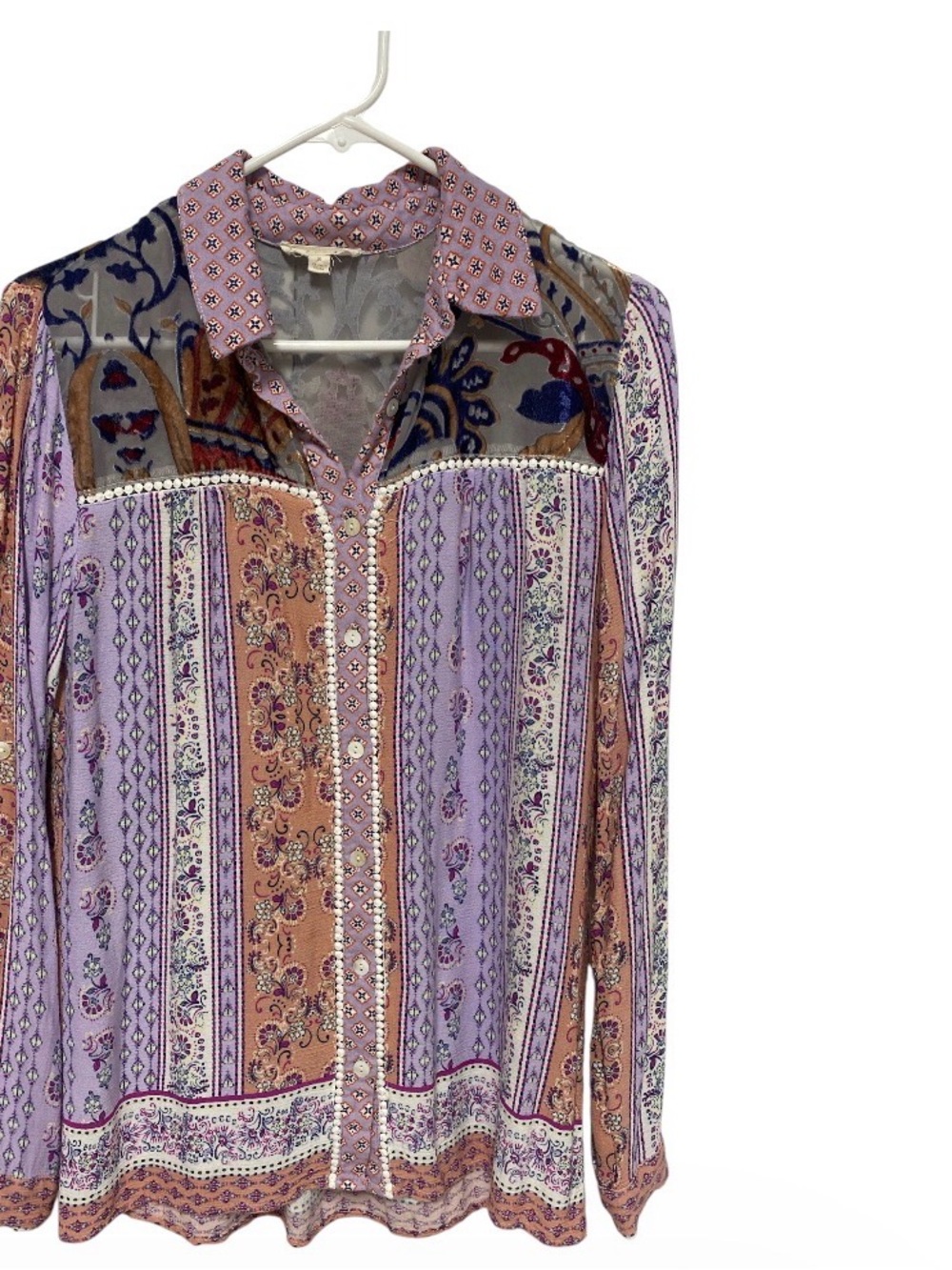 ODDY Lavender & Peach Pink Patchwork-Print Button Front Shirt